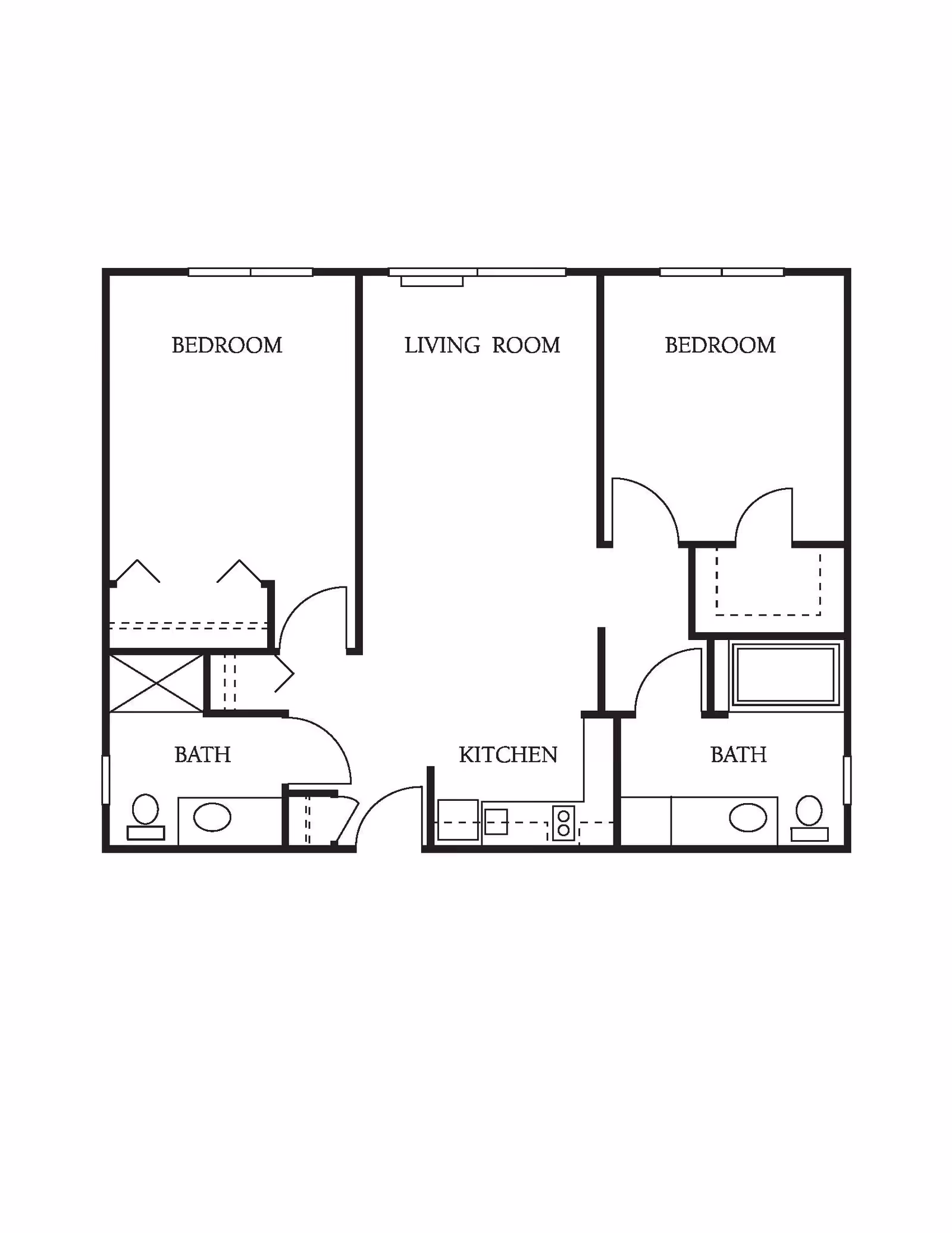 Architectural floor plan of a residential unit featuring two bedrooms, a living room, a kitchen, and two bathrooms. The layout shows doors, windows, and fixtures such as sinks, toilets, and a bathtub.