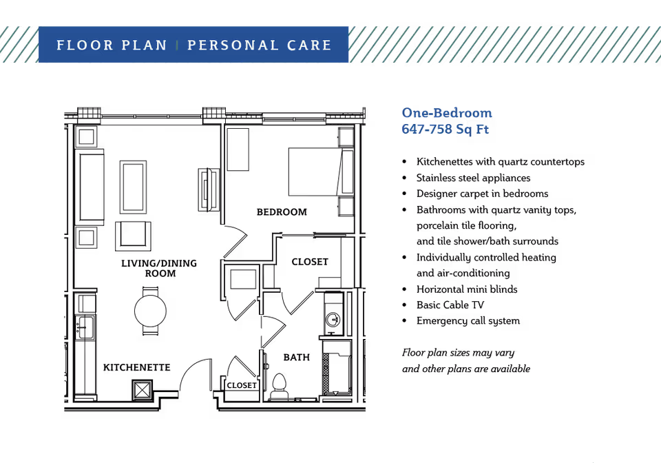 Floor plan layout for a one-bedroom personal care unit at Eagleview Landing, showing a living room, kitchen, bedroom, bathroom, and closet areas with dimensions and total area of 647-758 square feet.