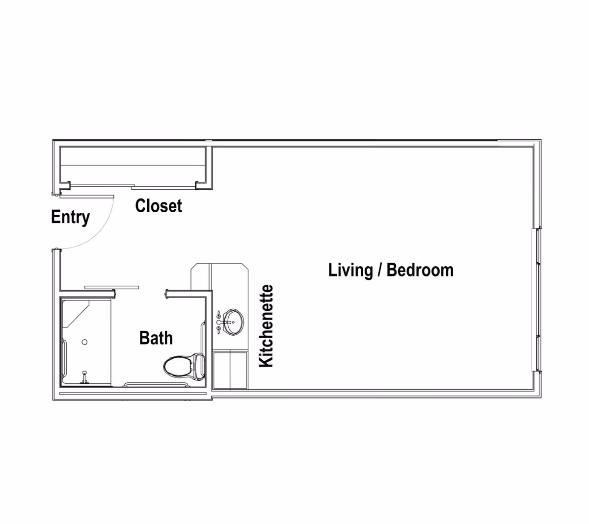Architectural floor plan of a small assisted living unit showing an entry, closet, bath with shower and toilet, kitchenette, and a combined living and bedroom area.