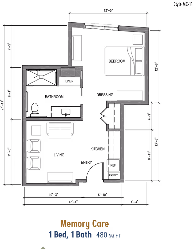 Floor plan diagram of a 1‑bed, 1‑bath memory care apartment showing room layouts and furniture outlines with the label 'Memory Care 1 Bed, 1 Bath 480 SQ FT'.