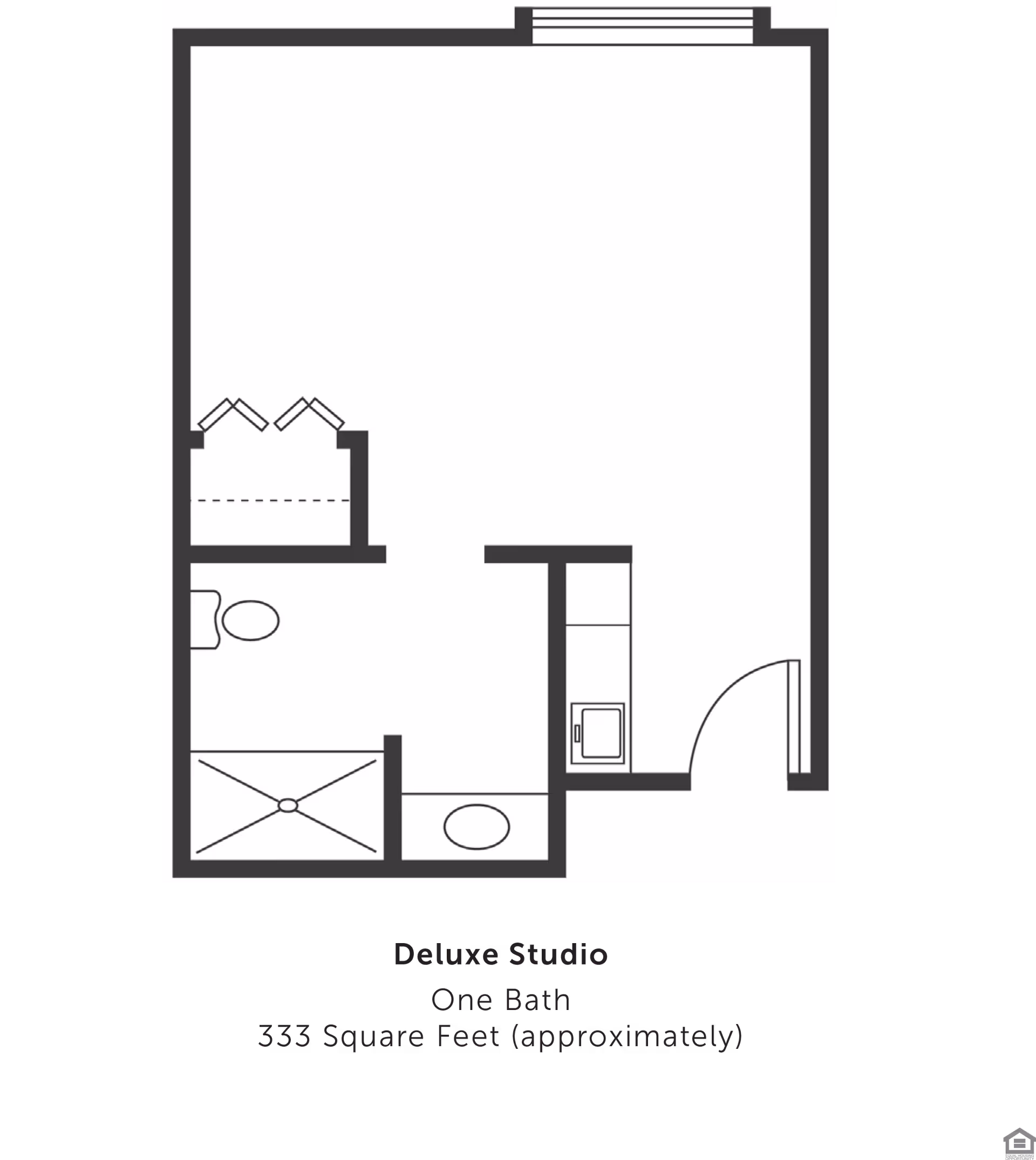 Black-and-white floor plan of a deluxe studio apartment showing a main living area, kitchenette, closet and one bathroom.