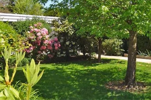 A green outdoor garden area with a well-maintained lawn, trees, and flowering bushes including pink and white flowers. A paved pathway runs through the garden.