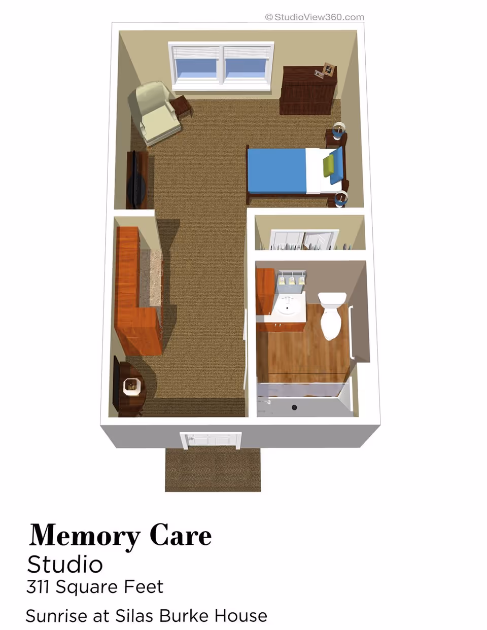 3D floor plan of a memory care studio apartment at Sunrise at Silas Burke House, showing a combined living and sleeping area with a bed, armchair, TV, dresser, and side tables, along with a separate bathroom containing a sink, toilet, and shower.