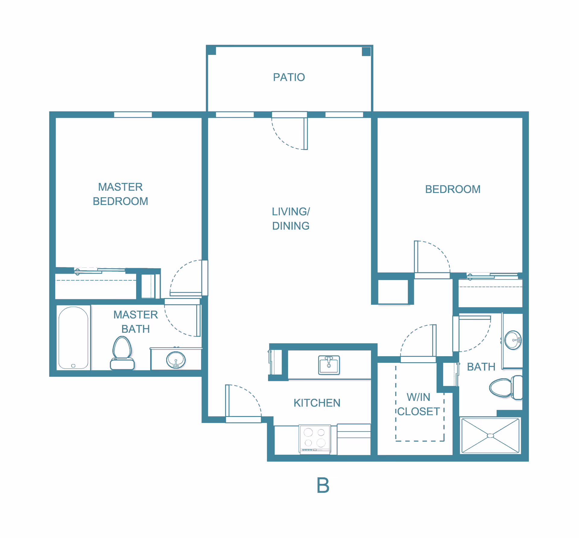 Floor plan of a residential unit labeled B at Regency Residence by Sky Active Living, showing a master bedroom with attached master bath, a second bedroom, a second bath, a kitchen, a living/dining area, a walk-in closet, and a patio.