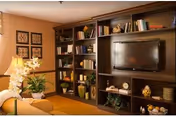 Cozy living room with dark wood built-in shelving filled with books and decor and a flat-screen TV.