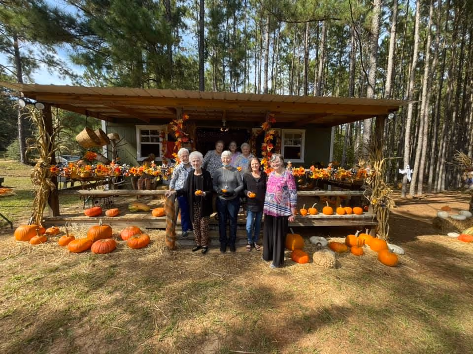 A group of elderly women standing outdoors in front of a wooden shelter decorated with autumn-themed garlands and pumpkins. The setting is surrounded by tall pine trees, and there are various sizes of pumpkins placed on the ground and on the wooden benches around the shelter.
