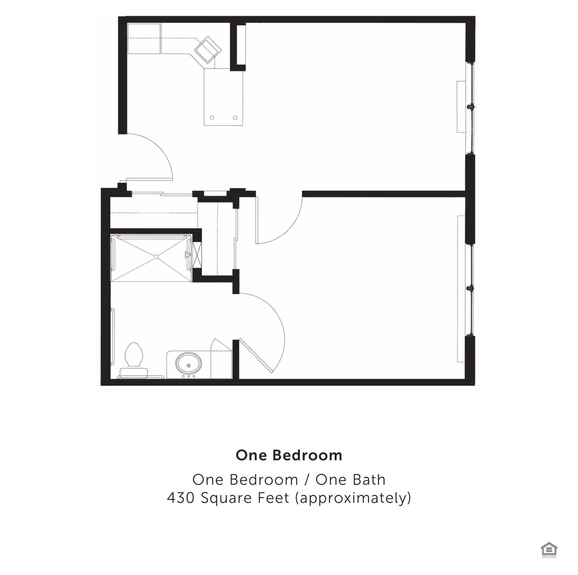 Floor plan layout of a one-bedroom, one-bath apartment approximately 430 square feet, showing a bedroom, bathroom with toilet and sink, and a kitchen area with counter and appliances.