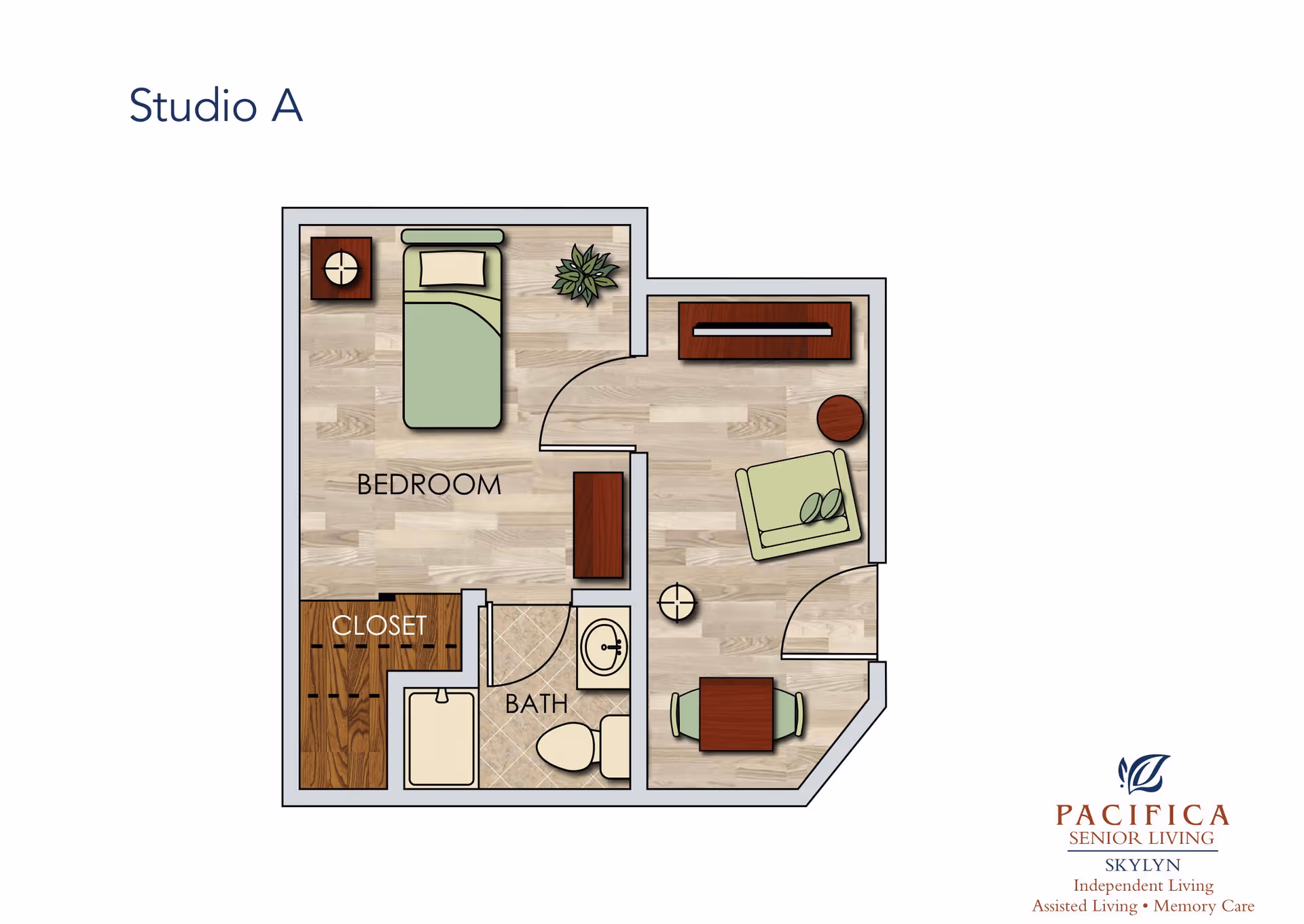 Floor plan labeled Studio A showing a bedroom with a bed, nightstand, and plant, a closet, a bathroom with a shower, toilet, and sink, and a living area with a chair, table, and TV stand.