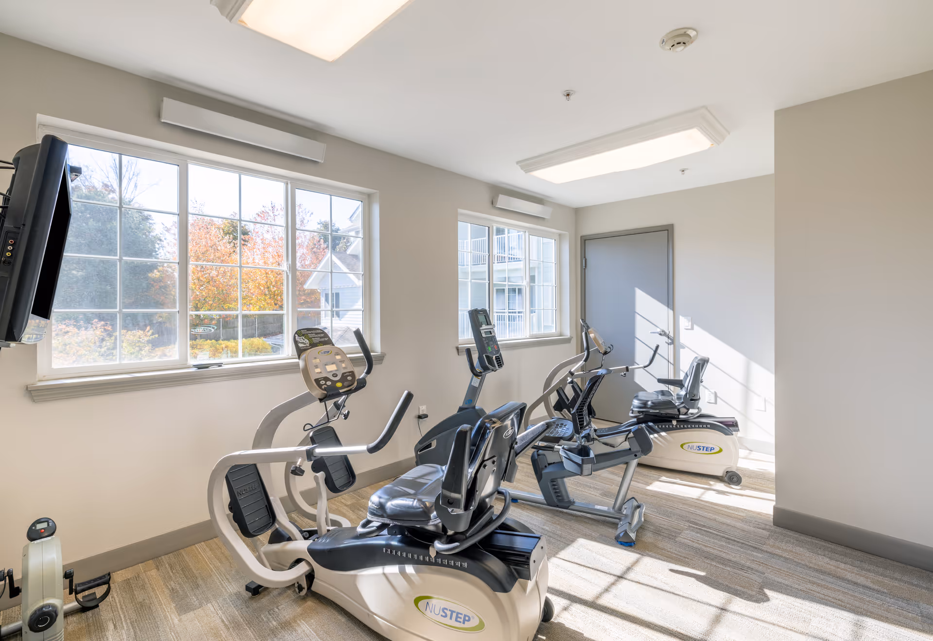 A bright exercise room with large windows letting in natural light. The room contains three recumbent exercise bikes positioned on a carpeted floor. Outside the windows, autumn-colored trees and parts of a building are visible.