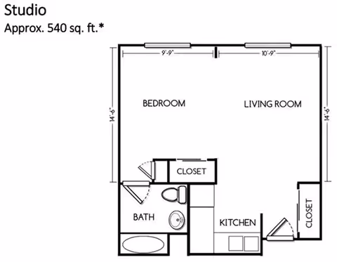 Floor plan of a studio apartment approximately 540 square feet, showing a combined bedroom and living room area, a bathroom with a bathtub, toilet, and sink, a kitchen area with a sink and stove, and two closets.