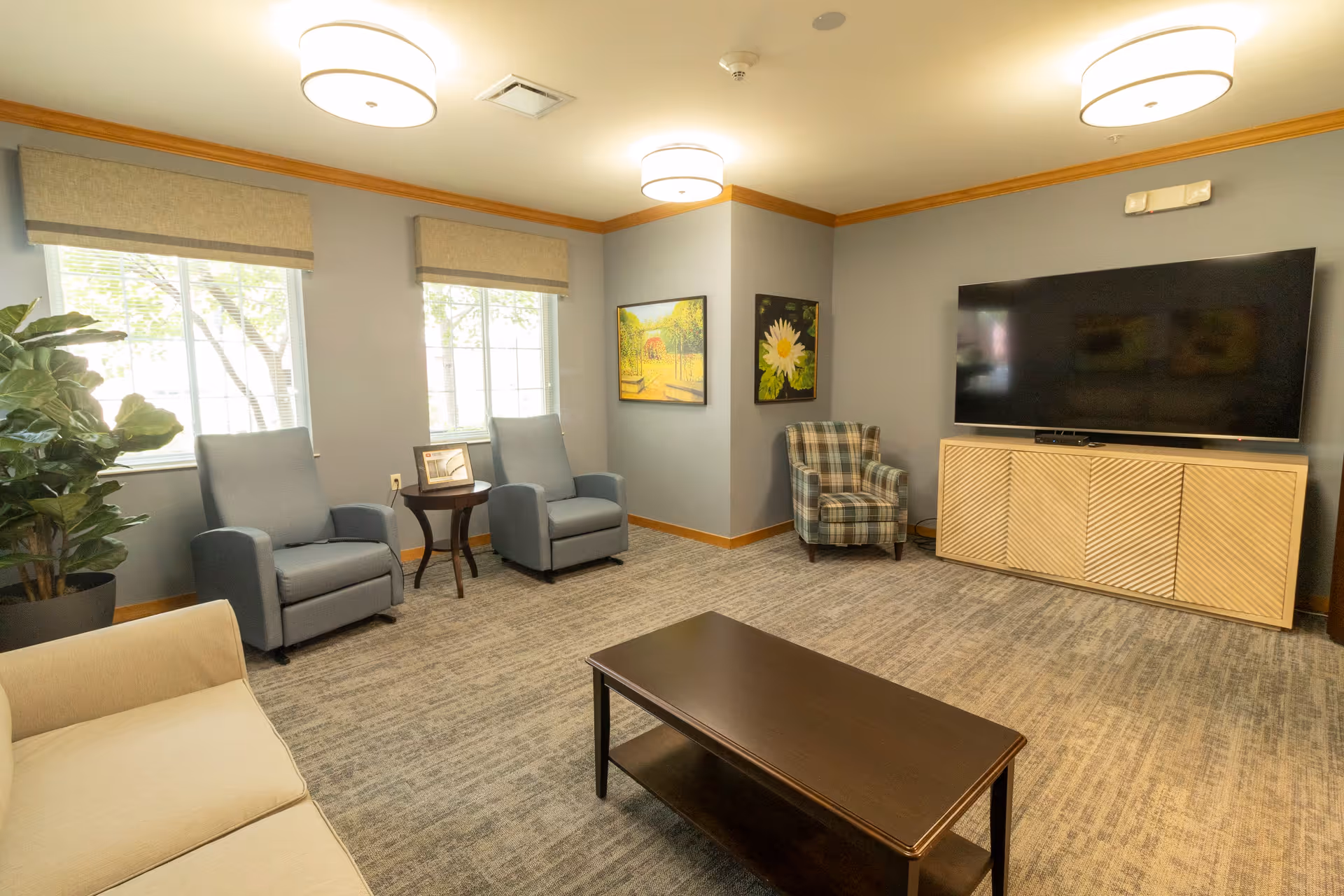 A cozy living room with two large windows covered by beige roman shades, two gray armchairs with a small round wooden table between them, a plaid armchair, a large flat-screen TV mounted on a wooden cabinet, a beige sofa, a dark wooden coffee table, two ceiling lights, and two framed paintings on the wall.
