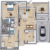 3D floor plan of a single-level apartment showing two bedrooms, two bathrooms, kitchen, living room, screened porch and attached garage.