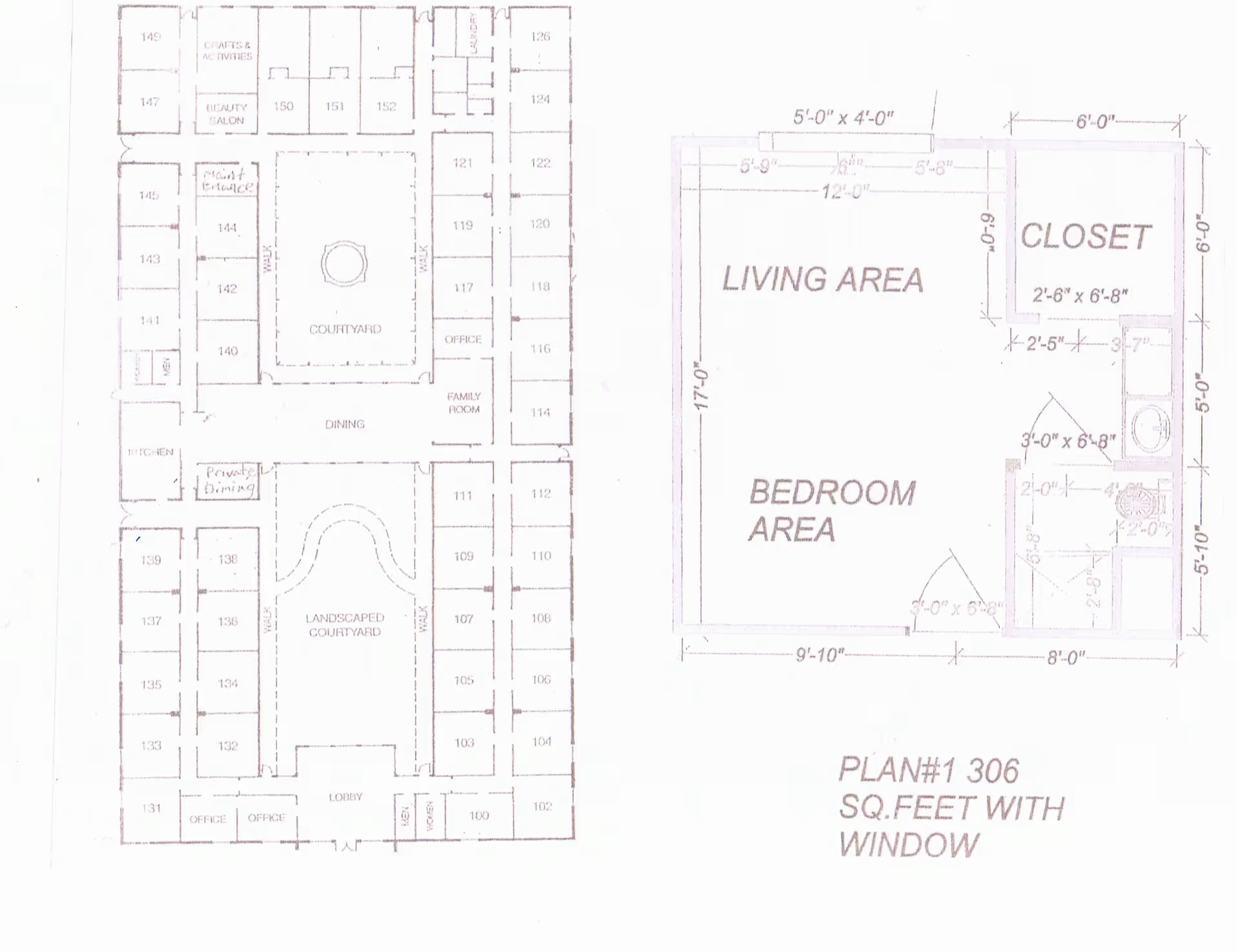 Architectural floor plan of The Courtyard Assisted Living facility showing room layout including courtyard, dining area, kitchen, offices, beauty salon, and various numbered rooms. Also includes a detailed floor plan of a living unit with labeled living area, bedroom area, closet, and bathroom with dimensions.