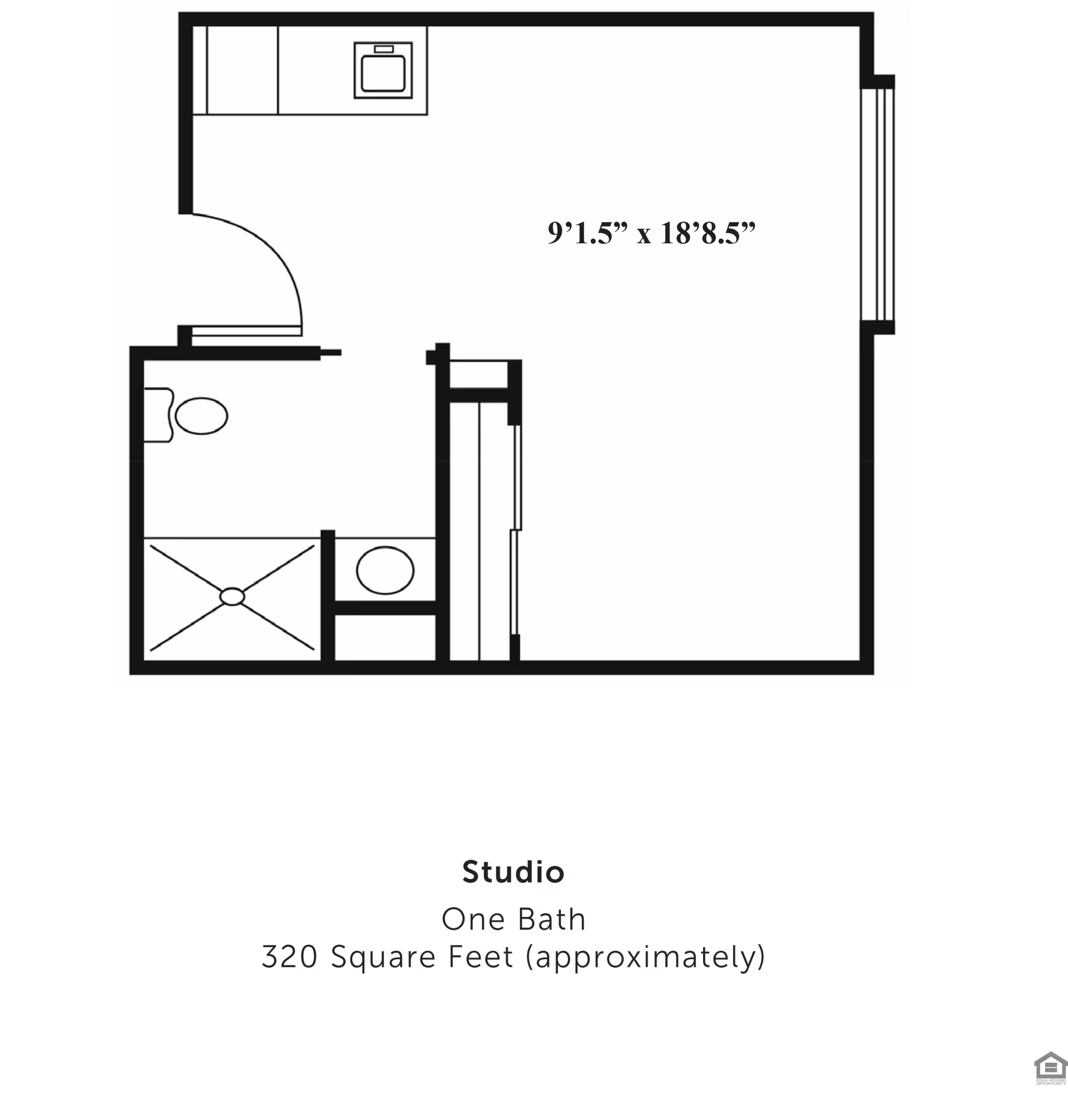 Floor plan of a studio apartment with one bathroom, approximately 320 square feet. The layout includes a main living area measuring 9 feet 1.5 inches by 18 feet 8.5 inches, a bathroom with a toilet and shower, and a small kitchenette area.