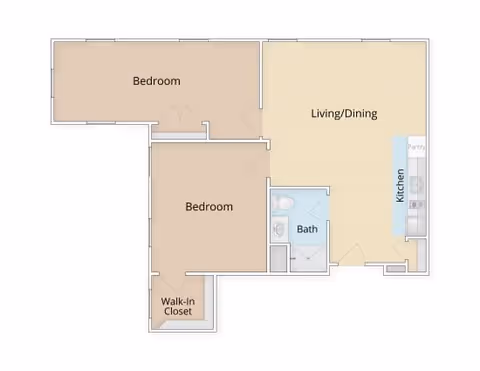 Floor plan of a residential unit at Carriage House at Lee's Farm showing two bedrooms, a walk-in closet, a bathroom, a combined living and dining area, and a kitchen with a pantry.