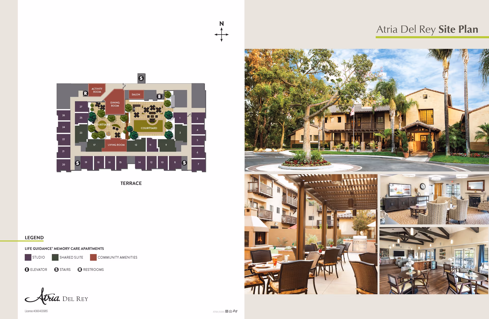 Atria Del Rey site plan showing a layout of memory care apartments with labeled areas including activity room, dining room, salon, courtyards, and living room. The right side features four photos: the building's front exterior with a circular driveway and palm trees, an outdoor patio with tables and chairs under a pergola, a cozy living room with chairs and a fireplace, and a dining area with tables and chairs under exposed wooden beams.