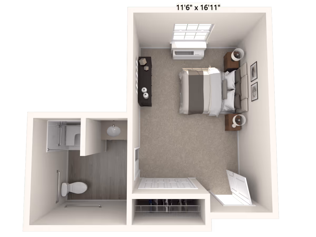3D floor plan of a small living space featuring a bedroom with a bed, two nightstands with lamps, a dresser, and a window. Adjacent to the bedroom is a bathroom with a toilet, sink, and shower. There is also a closet space near the entrance door.