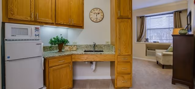 Small kitchenette with oak cabinets, granite countertop, mini-fridge and sink opening to a carpeted living area with a window and armchair.