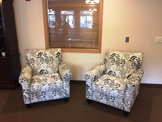 Two cushioned armchairs with a floral pattern in shades of gray and beige are placed side by side on a brown carpeted floor. Behind the chairs is a wall with a wooden-framed window showing a reflection of an interior space with lights and furniture.