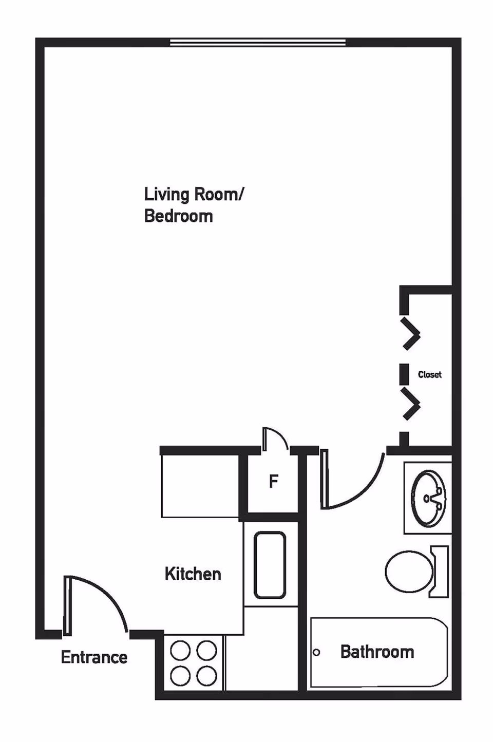 Floor plan of a studio apartment at Brookstone Estates of Vandalia showing an entrance leading into a kitchen area with stove and refrigerator. The kitchen opens into a combined living room and bedroom space. Adjacent to the living area is a bathroom with a bathtub, toilet, and sink, and a closet next to the bathroom.