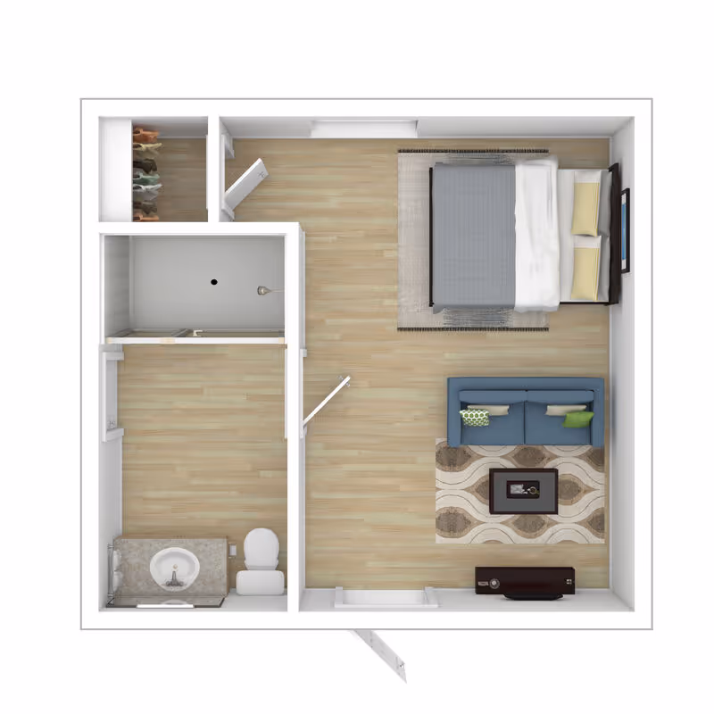 Top-down 3D floor plan of a studio apartment showing a bed, sofa with rug and coffee table, bathroom and closet.