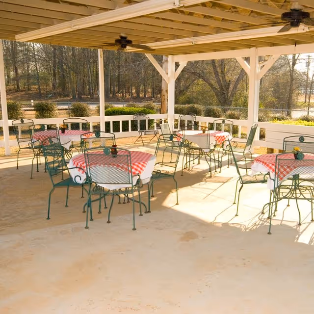 Covered outdoor patio area with several round tables covered with red and white checkered tablecloths, surrounded by green metal chairs. The patio has a wooden roof with ceiling fans and overlooks a wooded area.
