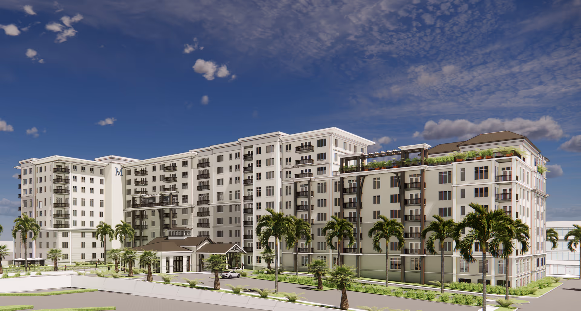 Exterior rendering of a large multi-story senior living building with balconies, palm trees, and a clear blue sky.