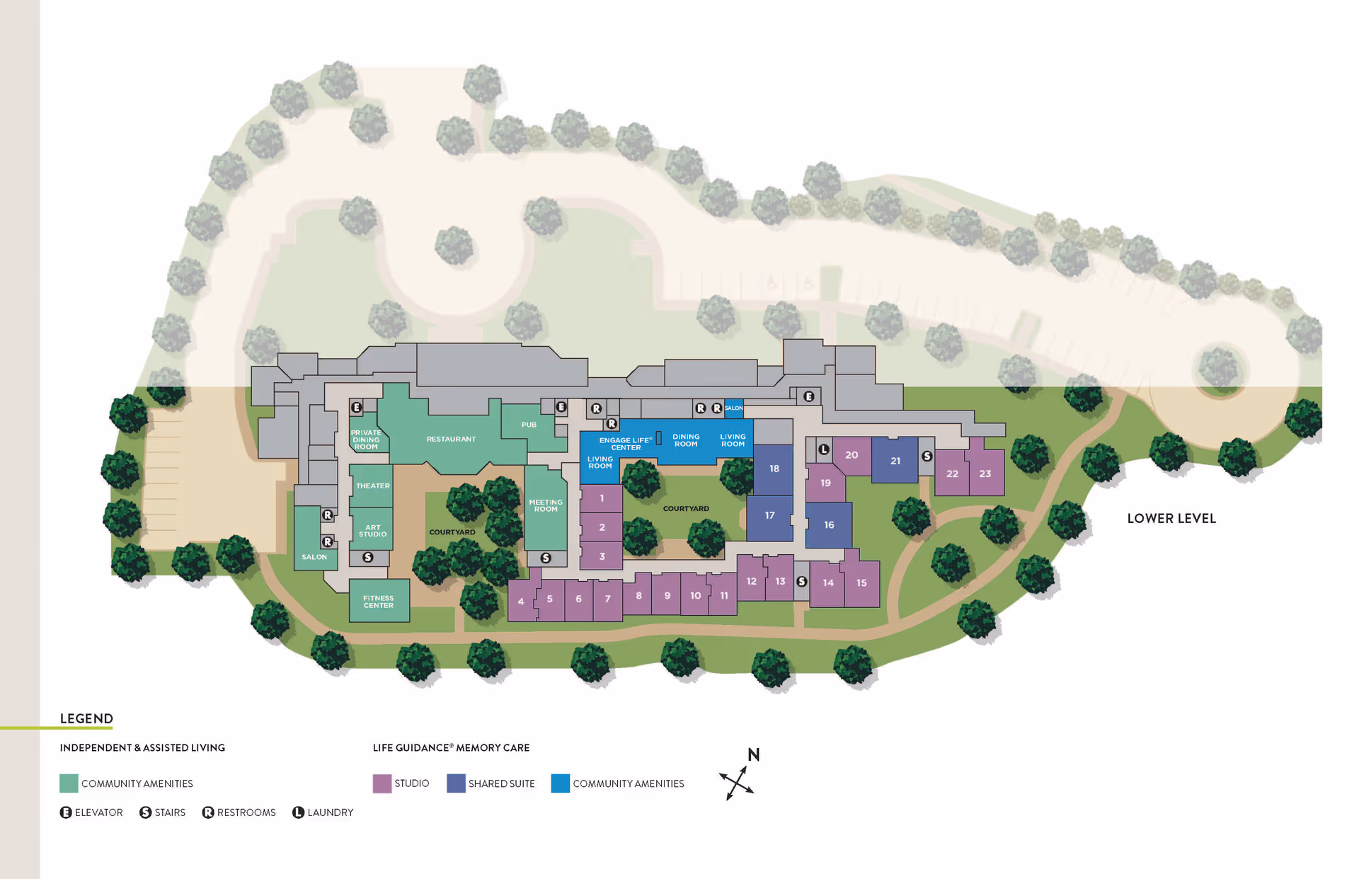 Floor plan of Atria Merrimack Place lower level showing community amenities such as restaurant, pub, theater, art studio, fitness center, meeting room, salon, engage life center, dining room, living room, courtyard, and various studio and shared suite living areas. The plan includes icons for elevator, stairs, restrooms, and laundry, with a legend indicating independent & assisted living and life guidance memory care areas.