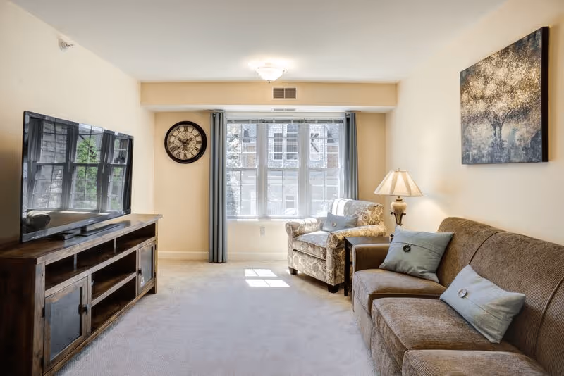 A bright living room with a large window covered by light blue curtains, a patterned armchair, a brown sofa with two blue cushions, a wooden TV stand with a flat-screen television, a wall clock, a table lamp, and a framed artwork on the wall.