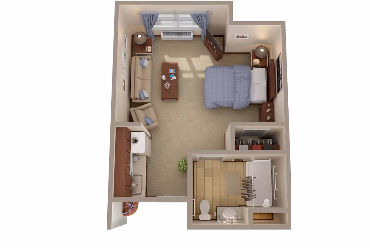 3D floor plan of a studio apartment featuring a combined living and sleeping area with a bed, sofa, armchair, coffee table, TV, and side tables. The kitchen area includes cabinets, a sink, and a refrigerator. There is a separate bathroom with a toilet, sink, and bathtub with a shower curtain. The apartment has a window with curtains and a small closet near the bathroom.
