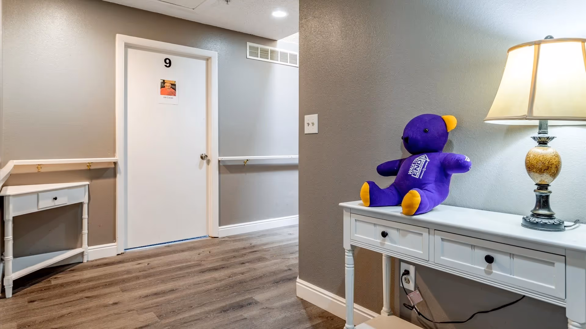 Hallway interior with a white door labeled "9", wood flooring, and a console table holding a purple teddy bear and lamp.
