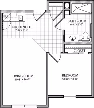 Architectural floor plan of a senior living unit at Franklin Park Sonterra showing a kitchenette, living room, bedroom, bathroom, and closet with dimensions.