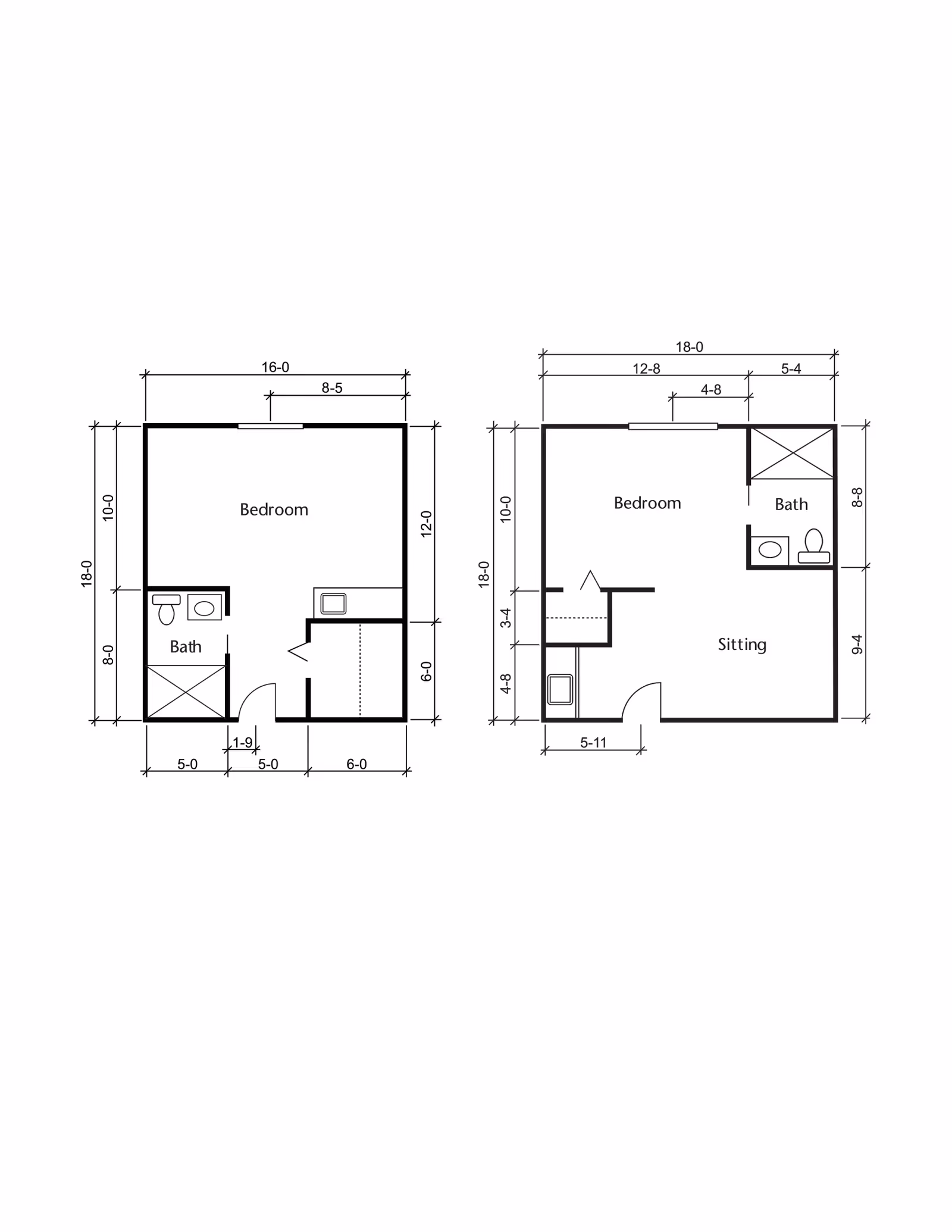 Architectural floor plan showing two layouts, each with a bedroom and a bathroom. The left layout includes a bedroom, bath, and closet area with dimensions marked. The right layout includes a bedroom, bath, sitting area, and closet with dimensions marked.