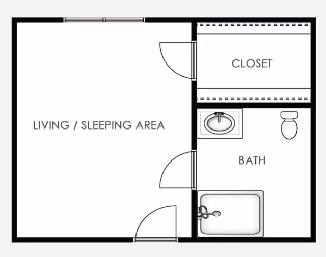 Architectural floor plan showing a living/sleeping area connected to a closet and a bathroom with a sink, toilet, and bathtub.