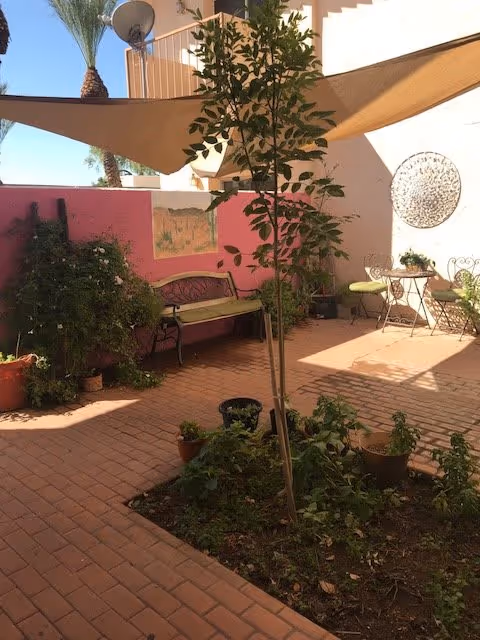 Outdoor patio area with brick flooring, a small garden bed with plants and a young tree in the center, a bench against a pink wall, potted plants, a round metal table with two chairs, and shade sails overhead providing partial shade.