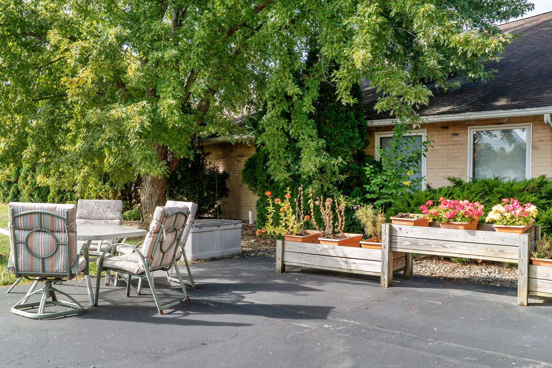 Outdoor patio area with a round table and four cushioned chairs on a paved surface. There are raised wooden planters with colorful flowers and greenery surrounding the area. A large tree and bushes provide shade and greenery near a brick building with windows.