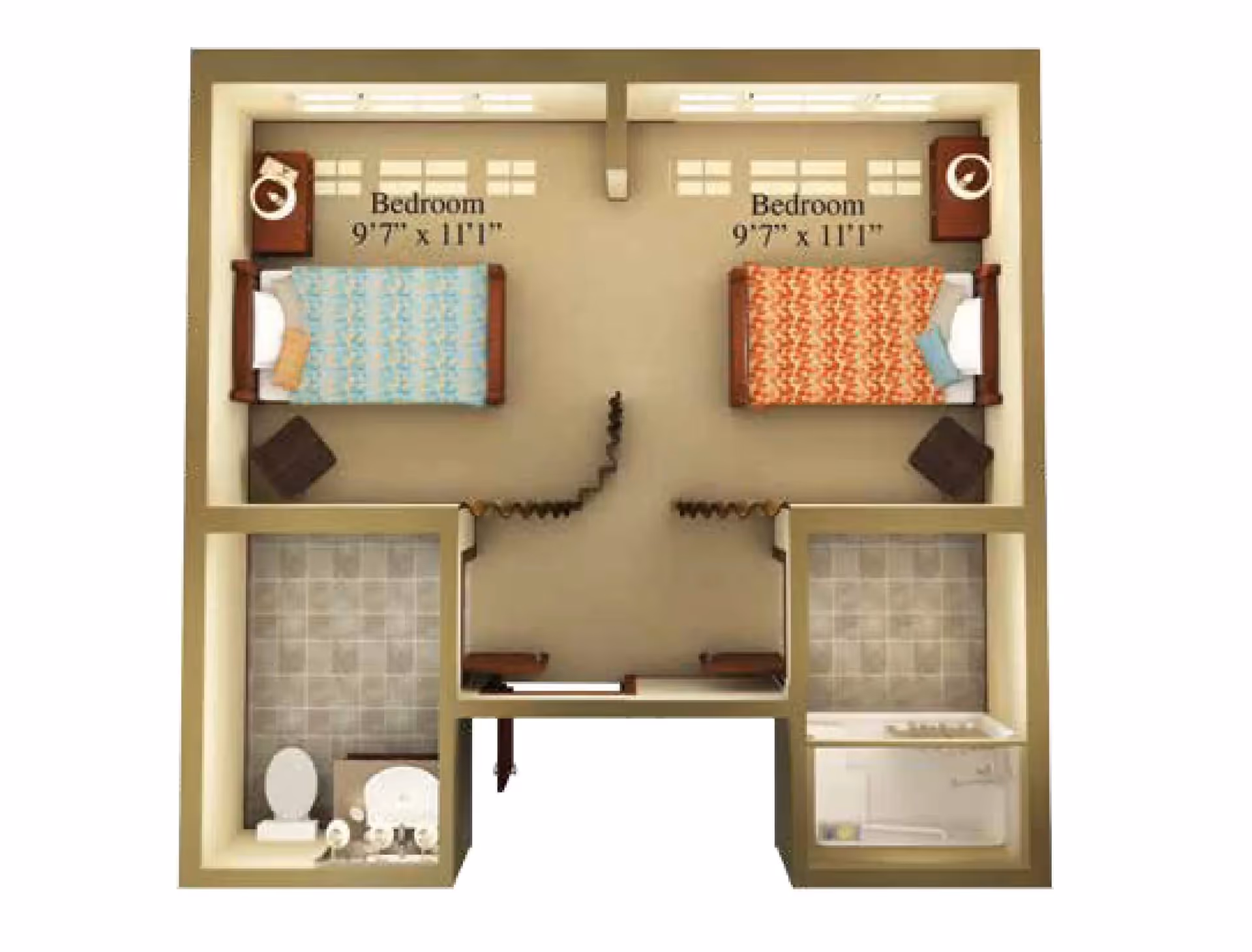 Top-down floor plan showing two bedrooms (each 9'7" x 11'1"), a central shared area, a toilet room and a separate bathtub room.