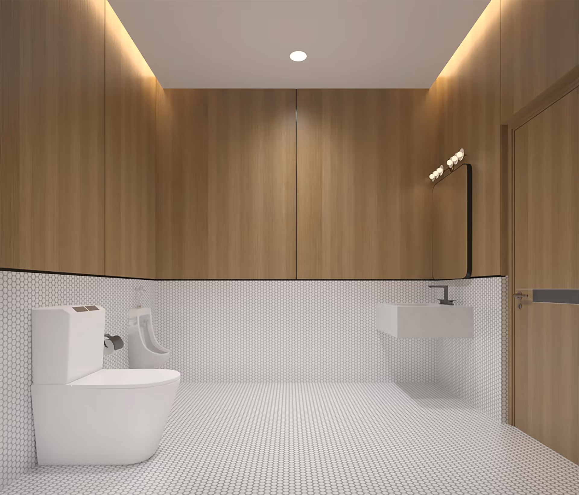 A modern bathroom with white hexagonal tile flooring and lower walls, wood-paneled upper walls and ceiling, a white toilet, a urinal, a wall-mounted rectangular sink, a mirror with lights above it, and a wooden door.