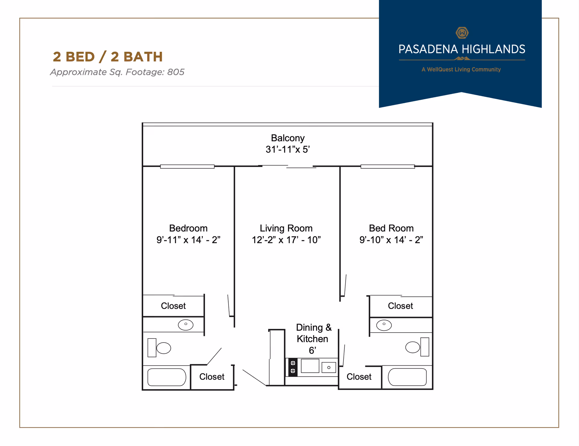 Floor plan of a 2 bedroom, 2 bathroom apartment at Pasadena Highlands showing approximate square footage of 805. The layout includes two bedrooms each with closets and bathrooms, a living room, a dining and kitchen area, and a balcony measuring 31 feet 11 inches by 5 feet.