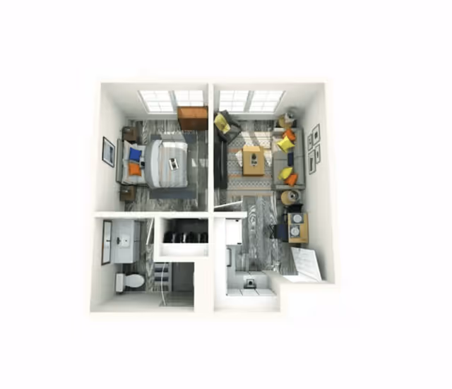 Top-down view of a small apartment layout featuring a bedroom with a bed and nightstands, a living room with a sofa, chairs, coffee table, and TV, a bathroom with a toilet and sink, and a kitchen area with appliances and cabinetry.