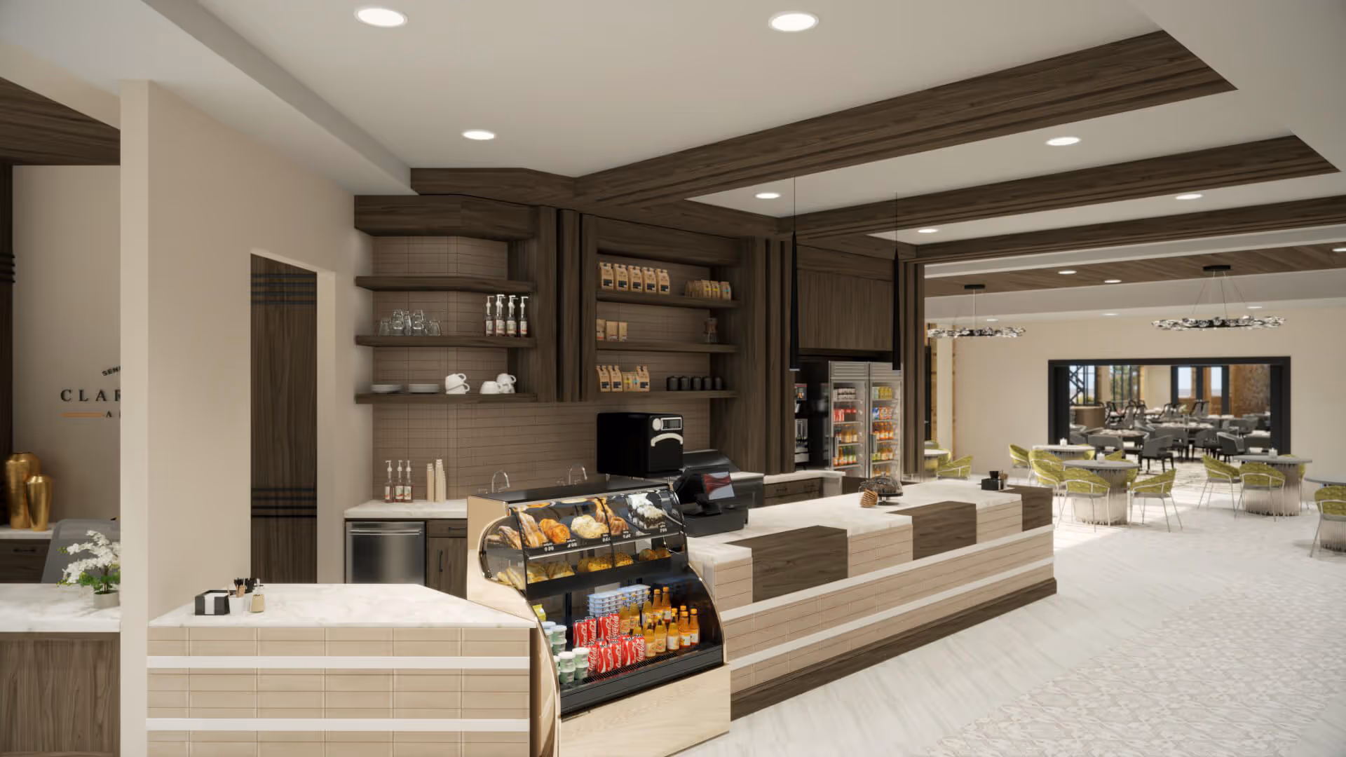 Interior view of a modern cafe or snack bar area in a senior living facility named Clarendale Arcadia. The counter displays pastries and beverages, with shelves holding cups, plates, and coffee supplies. In the background, there is a dining area with tables and green chairs, and large windows letting in natural light.