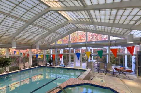 Indoor swimming pool with lap lanes under a large glass atrium roof and colorful triangular pennant flags.