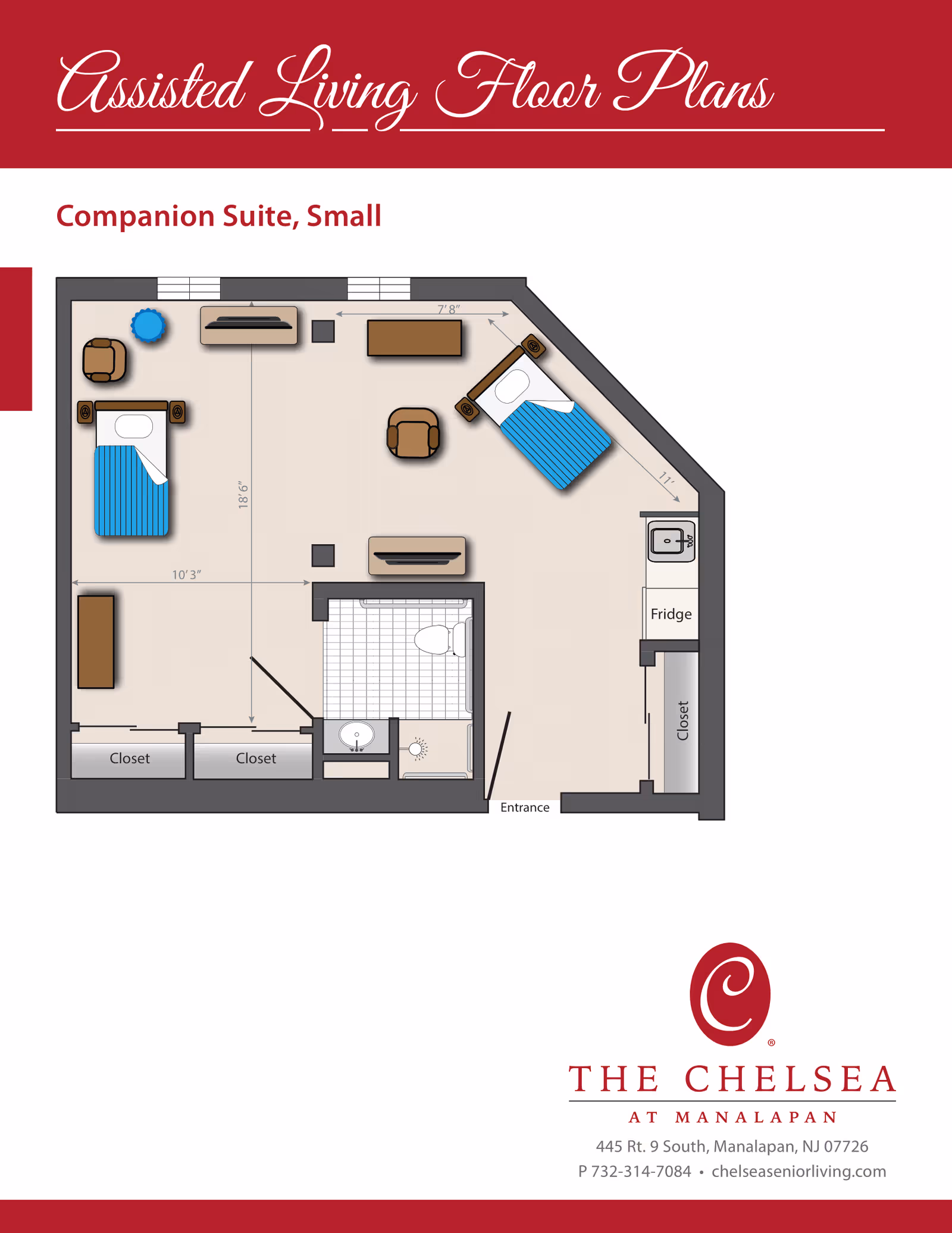 Illustrated floor plan of a small companion assisted-living suite showing two beds, a bathroom, kitchenette, closets and seating.