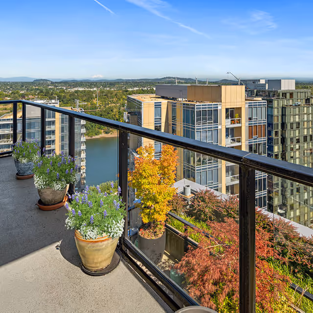View from a balcony with potted plants along the railing, overlooking modern buildings, a river, and distant hills under a clear blue sky.
