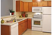 A clean and well-lit kitchen featuring wooden cabinets, a white refrigerator, a white microwave above a white stove, a dishwasher, a sink with a faucet, and various decorative items including a potted plant and fruit on the countertop.