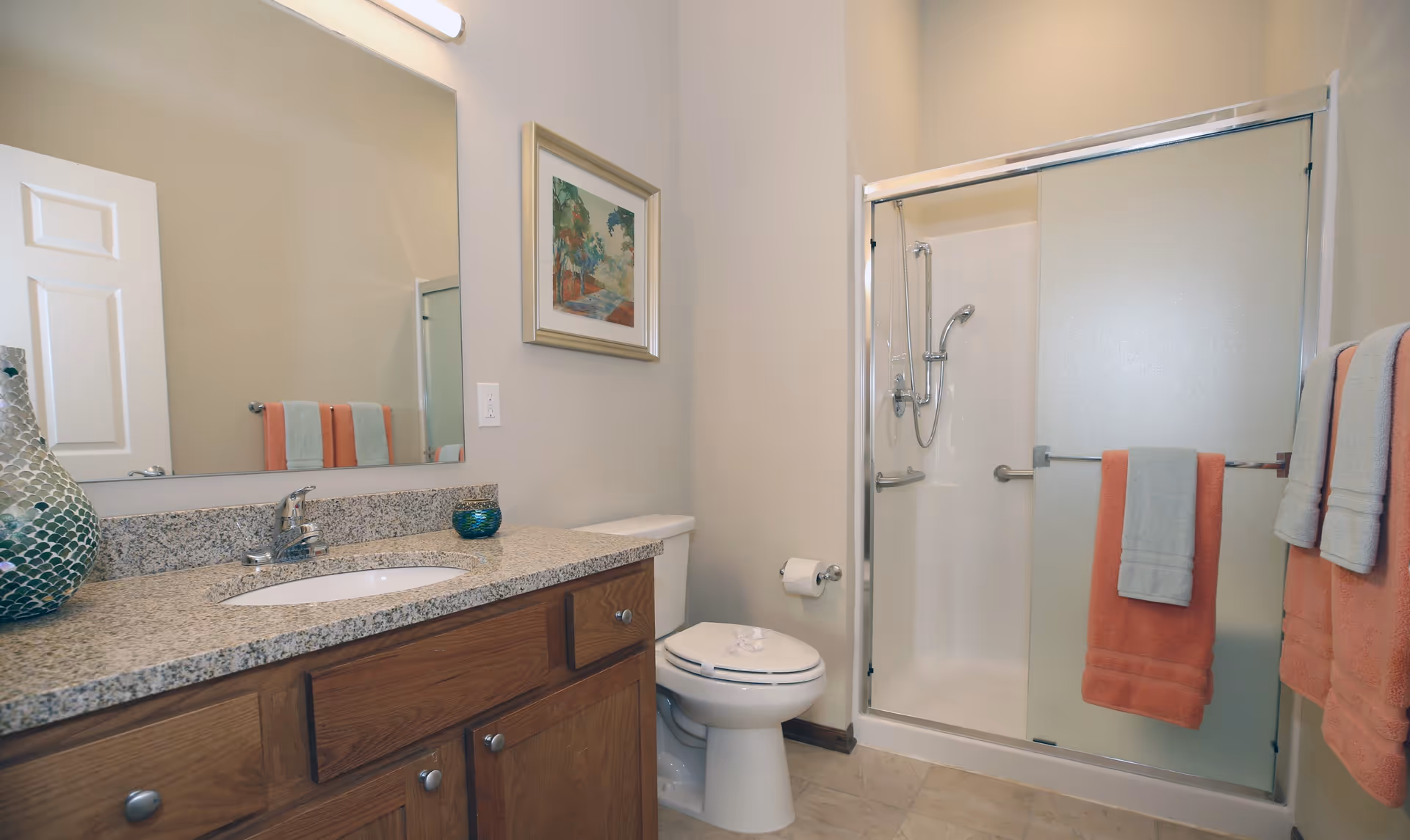 A clean and well-lit bathroom featuring a granite countertop with a sink, wooden cabinets, a toilet, and a shower with sliding glass doors. The shower has a handheld showerhead and grab bars. Towels in coral and light blue colors hang on the shower door and a towel rack. A framed painting is mounted on the wall above the toilet.