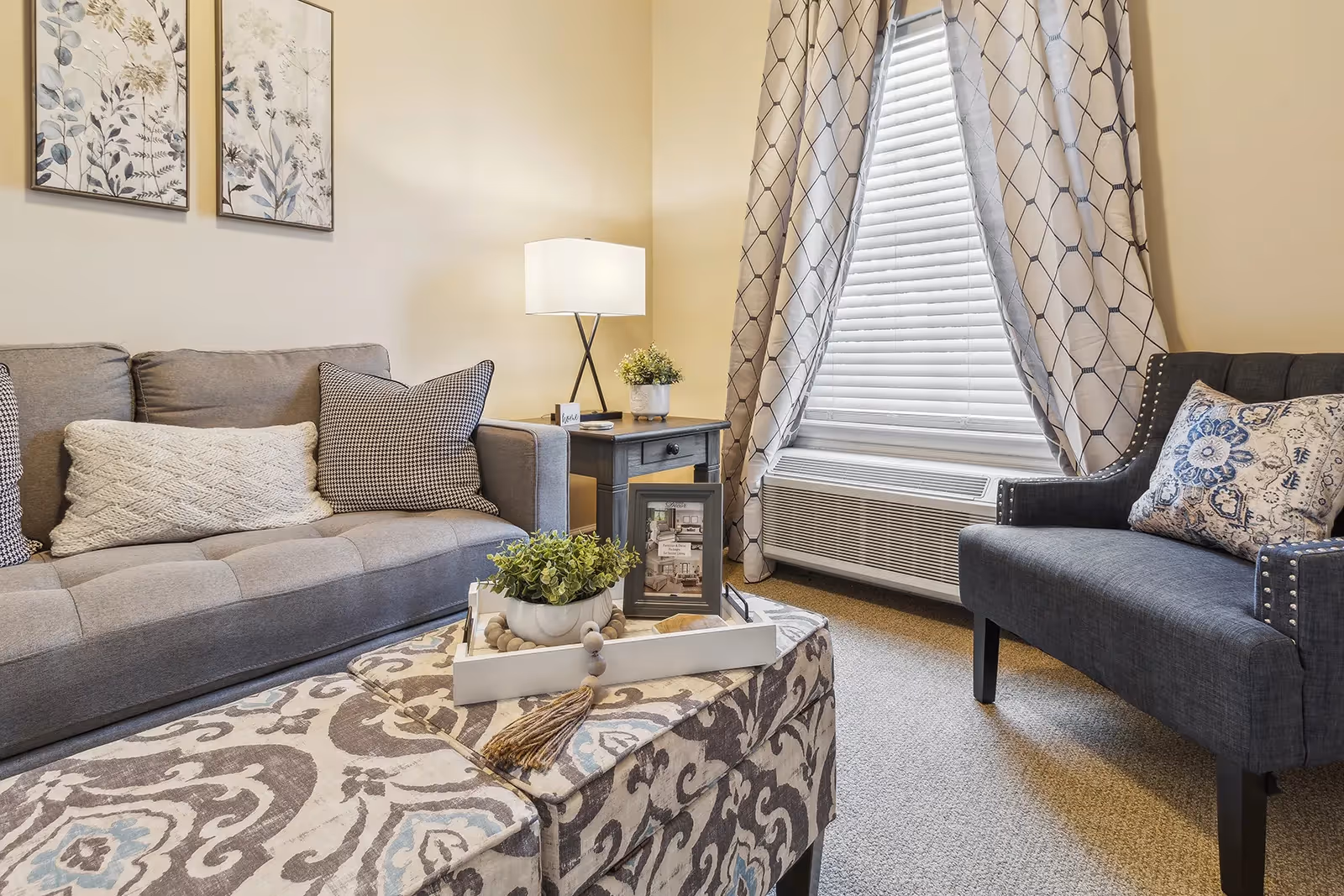 A cozy living room with a gray sofa adorned with patterned pillows, a dark gray armchair with a decorative pillow, a patterned ottoman with a white tray holding a small plant and a framed photo, a side table with a lamp and a small plant, and a window with white blinds and patterned curtains.