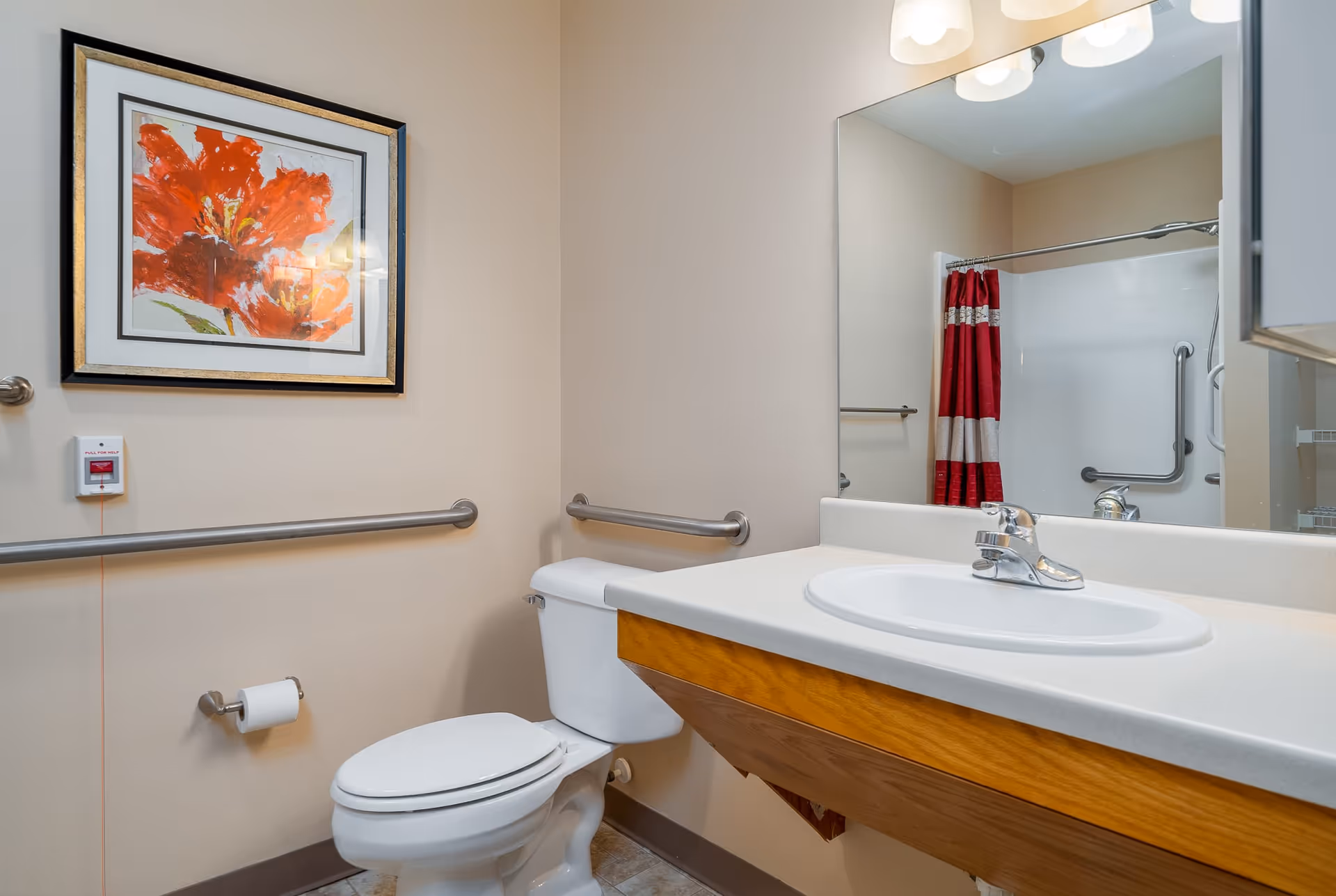 A bathroom with a white toilet, a white sink with a wooden cabinet underneath, a large mirror above the sink, and a red and white striped shower curtain. There are metal grab bars on the walls near the toilet and shower. A framed picture of a red flower hangs on the wall above the toilet.