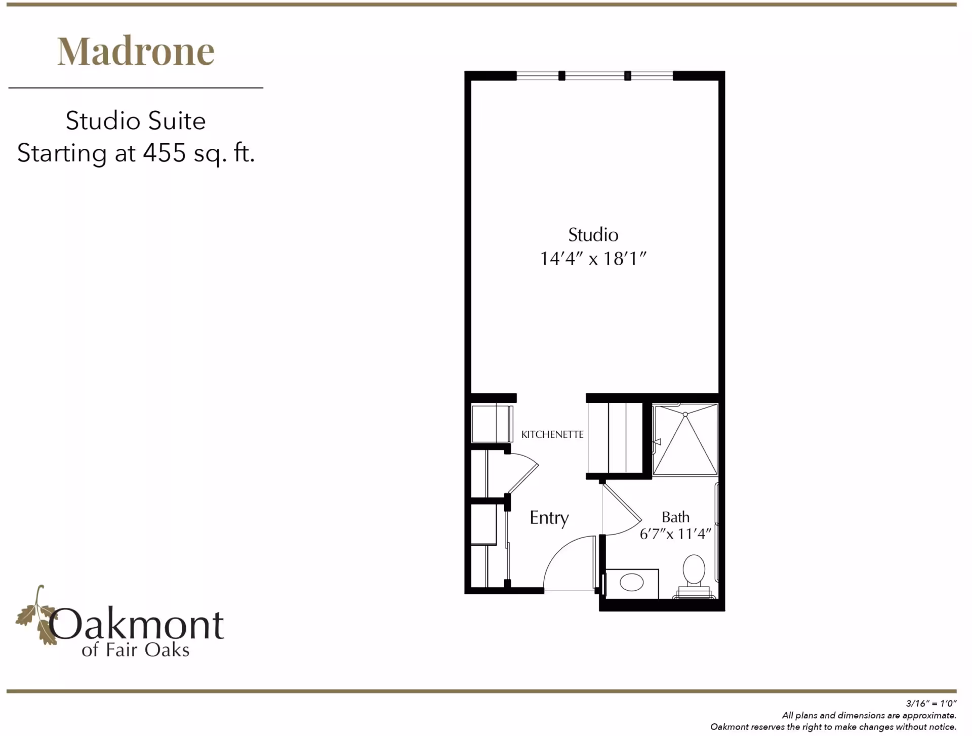 Floor plan titled "Madrone" for a 455 sq. ft. studio suite showing a studio area, kitchenette, entry and bath with Oakmont of Fair Oaks logo.