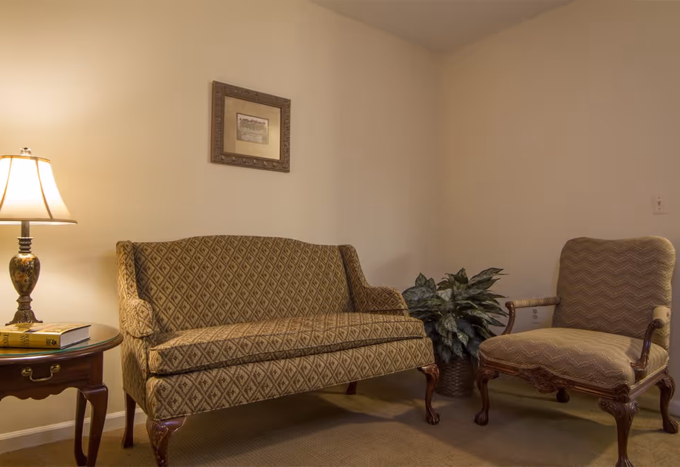 Upholstered patterned sofa and matching armchair beside a side table with a lamp and a potted plant in a neutral sitting room.